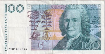 Банкнота 100 крон. 1987 год, Швеция. Карл Линней.