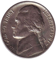 Монета 5 центов. 1987 год (P), США. Джефферсон. Монтичелло. Монета 5 центов. 1987 год (P), США. Джефферсон. Монтичелло.