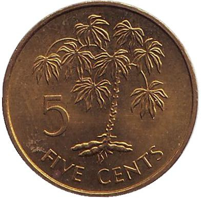 Монета 5 центов. 1982 год, Сейшельские острова. UNC. Маниоковая пальма.