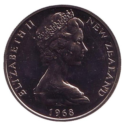 Монета 10 центов. (1 шиллинг). 1968 год, Новая Зеландия. BU. Маска маори.