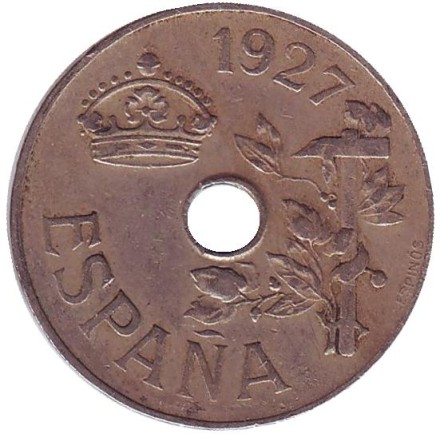 Монета 25 сентимо. 1927 год, Испания. Монета 25 сентимо. 1927 год, Испания.
