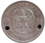 Монета 2 рейхсмарки. 1934 год, Германия (Третий Рейх). (A). Монета 2 рейхсмарки. 1934 год, Германия (Третий Рейх). (A).