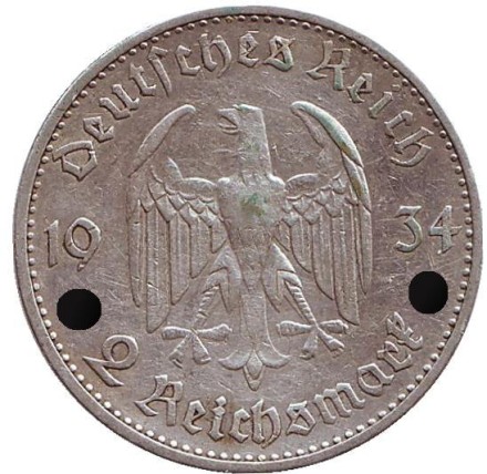 Монета 2 рейхсмарки. 1934 год, Германия (Третий Рейх). (A). Монета 2 рейхсмарки. 1934 год, Германия (Третий Рейх). (A).