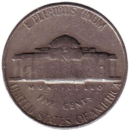 Монета 5 центов. 1969 год (D), США. Джефферсон. Монтичелло.