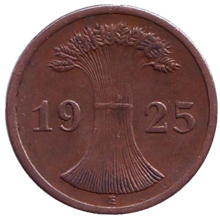 Монета 2 рейхспфеннига. 1925 год (E), Веймарская республика.