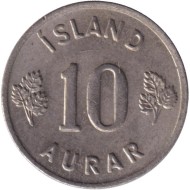 Монета 10 аураров. 1969 год, Исландия. Мелкий гурт.