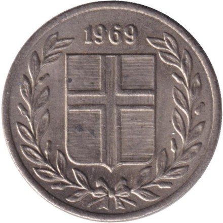 Монета 10 аураров. 1969 год, Исландия. Мелкий гурт.