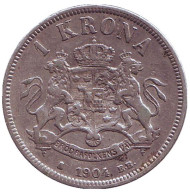 Монета 1 крона. 1904 год, Швеция. Король Оскар II. Монета 1 крона. 1904 год, Швеция. Король Оскар II.