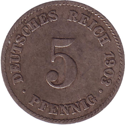 Монета 5 пфеннигов. 1903 год (J), Германская империя.