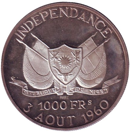 Монета 1000 франков. 1960 год, Нигер. Независимость.