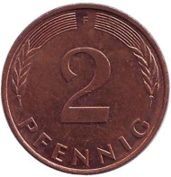 Монета 2 пфеннига. 1994 год (F), ФРГ. Дубовые листья. Монета 2 пфеннига. 1994 год (F), ФРГ. Дубовые листья.