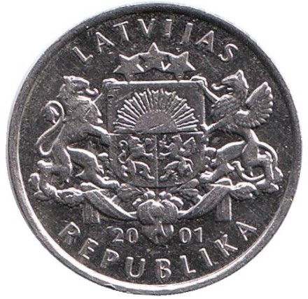 Монета 1 лат. 2001 год, Латвия. Монета из обращения. Аист. Монета 1 лат. 2001 год, Латвия. Монета из обращения. Аист.