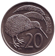 Монета 20 центов. 1975 год, Новая Зеландия. UNC Киви (птица). Монета 20 центов. 1975 год, Новая Зеландия. UNC Киви (птица).