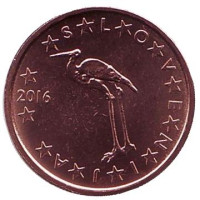 Белый журавль. Монета 1 цент. 2016 год, Словения.