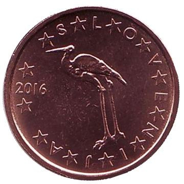 Монета 1 цент. 2016 год, Словения. Белый журавль.