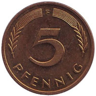 Монета 5 пфеннигов. 1994 год (F), ФРГ. Дубовые листья. Монета 5 пфеннигов. 1994 год (F), ФРГ. Дубовые листья.