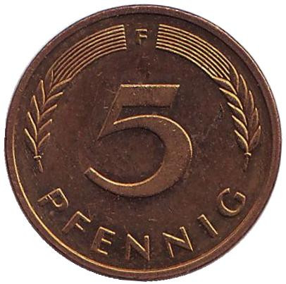 Монета 5 пфеннигов. 1994 год (F), ФРГ. Дубовые листья.