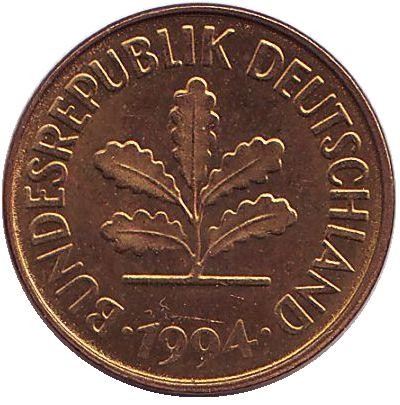 Монета 5 пфеннигов. 1994 год (F), ФРГ. Дубовые листья. Монета 5 пфеннигов. 1994 год (F), ФРГ. Дубовые листья.