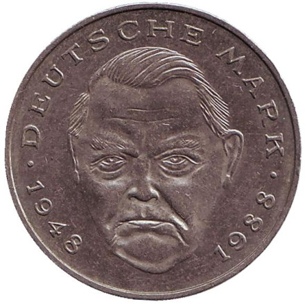 Монета 2 марки. 1990 год (D), ФРГ. Людвиг Эрхард.