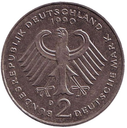 Монета 2 марки. 1990 год (D), ФРГ. Людвиг Эрхард. Монета 2 марки. 1990 год (D), ФРГ. Людвиг Эрхард.