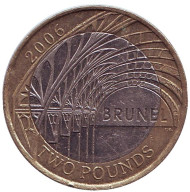Монета 2 фунта. 2006 год, Великобритания. 200 лет со дня рождения Изамбарда Кингдома Брюнеля. Станция Паддингтон. Монета 2 фунта. 2006 год, Великобритания. 200 лет со дня рождения Изамбарда Кингдома Брюнеля. Станция Паддингтон.