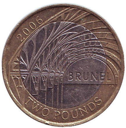 Монета 2 фунта. 2006 год, Великобритания. 200 лет со дня рождения Изамбарда Кингдома Брюнеля. Станция Паддингтон.
