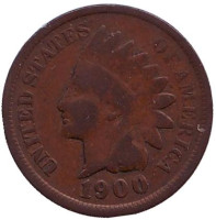 Индеец. Монета 1 цент. 1900 год, США. 