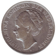Монета 2,5 гульдена. 1937 год, Нидерланды. Монета 2,5 гульдена. 1937 год, Нидерланды.