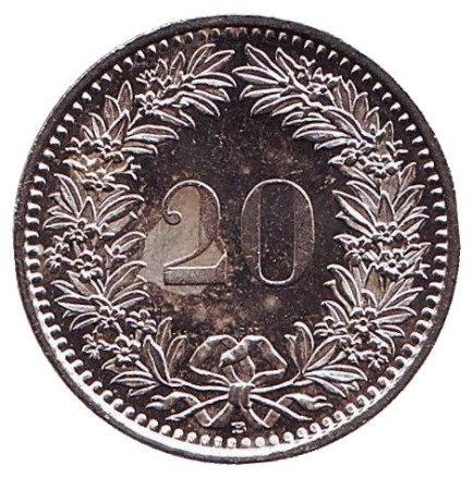 Монета 20 раппенов. 2009 год, Швейцария.