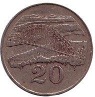 Монета 20 центов. 1987 год, Зимбабве. Мост Бэтченоу. Монета 20 центов. 1987 год, Зимбабве. Мост Бэтченоу.