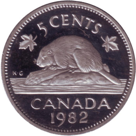 Монета 5 центов. 1982 год, Канада. (Proof). Бобр.