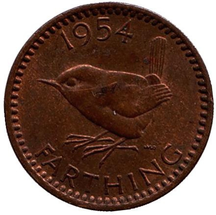 Монета 1 фартинг. 1954 год, Великобритания. Крапивник (птица).