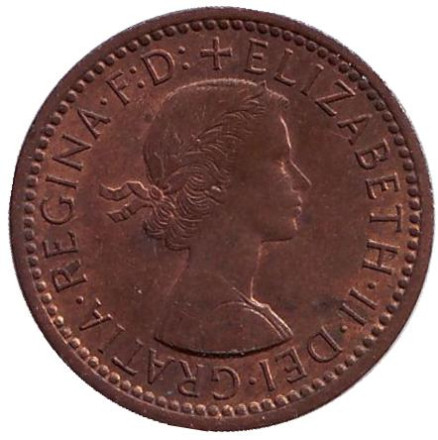 Монета 1 фартинг. 1954 год, Великобритания. Крапивник (птица).