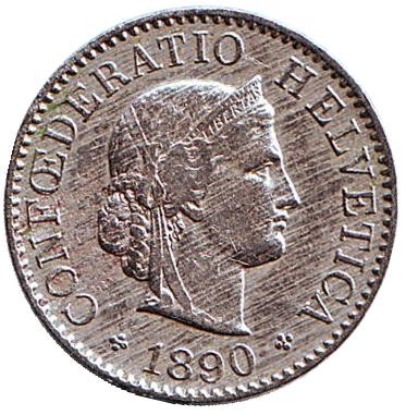 Монета 5 раппенов. 1890 год, Швейцария. Монета 5 раппенов. 1890 год, Швейцария.