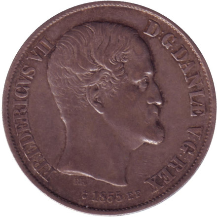 Монета 1 ригсдалер. 1855 год, Дания. (Отметка "FF"). Фредерик VII. Монета 1 ригсдалер. 1855 год, Дания. (Отметка "FF"). Фредерик VII.