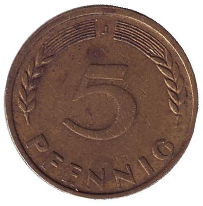 Монета 5 пфеннигов. 1949 год (J), ФРГ. Дубовые листья.