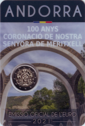 Монета 2 евро. 2021 год, Андорра. 100 лет коронации образа Богоматери Меричельской.