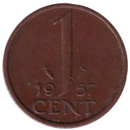 Монета 1 цент. 1957 год, Нидерланды. Монета 1 цент. 1957 год, Нидерланды.