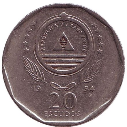 Монета 20 эскудо. 1994 год, Кабо-Верде. Бурая олуша.