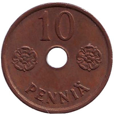 Монета 10 пенни. 1943 год, Финляндия. (медь)