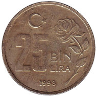 Монета 25000 лир. 1998 год, Турция. Монета 25000 лир. 1998 год, Турция.