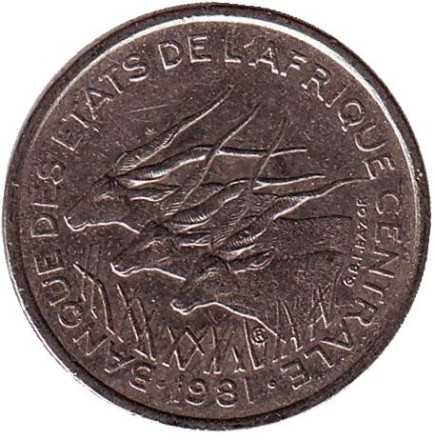 Монета 50 франков. 1981 год (C), Центральные Африканские штаты. Африканские антилопы. (Западные канны).