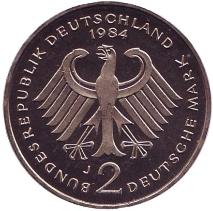 Монета 2 марки. 1984 год (J), ФРГ. Теодор Хойс.