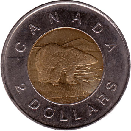 Монета 2 доллара. 2007 год, Канада. Полярный медведь.