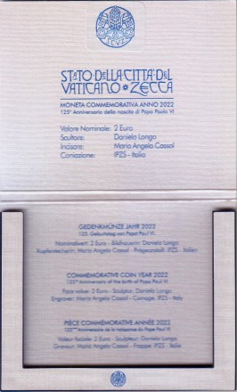 Монета 2 евро. 2022 год, Ватикан. 125 лет со дня рождения Папы Римского Павла VI. Монета 2 евро. 2022 год, Ватикан. 125 лет со дня рождения Папы Римского Павла VI.