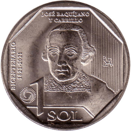 Монета 1 соль. 2022 год, Перу. Хосе Бакихано- и-Каррильо. Серия "200 лет Независимости".