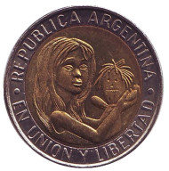 Монета 1 песо. 1996 год, Аргентина. 50 лет ЮНИСЕФ. Монета 1 песо. 1996 год, Аргентина. 50 лет ЮНИСЕФ.