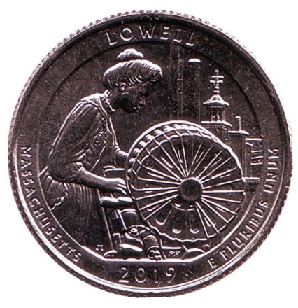 Монета 25 центов (D). 2019 год, США. Национальный исторический парк Лоуэлл. Парк № 46.