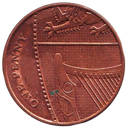 Монета 1 пенни. 2008 год, Великобритания. Из обращения. Новый тип.