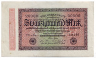 Рейхсбанкнота 20000 марок. 1923 год, Веймарская республика. (Водяной знак - волны). Рейхсбанкнота 20000 марок. 1923 год, Веймарская республика. (Водяной знак - волны).